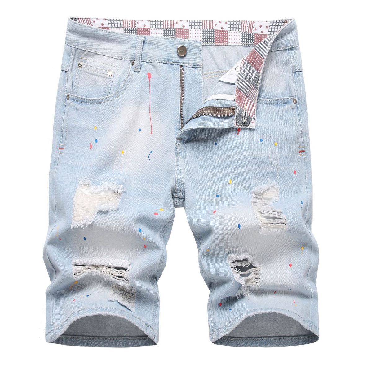 Men's Distressed Denim Shorts With Rip And Bleach Effects, Light Blue Casual Cargo Pocket Knee-Length Shorts For Street Style_viptrois.com