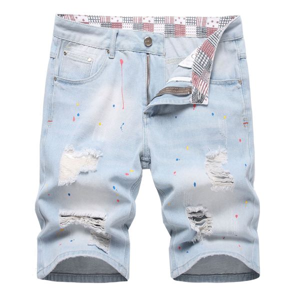 Men's Distressed Denim Shorts With Rip And Bleach Effects, Light Blue Casual Cargo Pocket Knee-Length Shorts For Street Style_viptrois.com