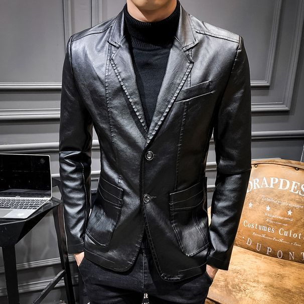 Spring And Autumn Fashion Business Casual Suit Collar Men's Leather Jacket PU Locomotive Slim Leather Jacket Men's_viptrois.com