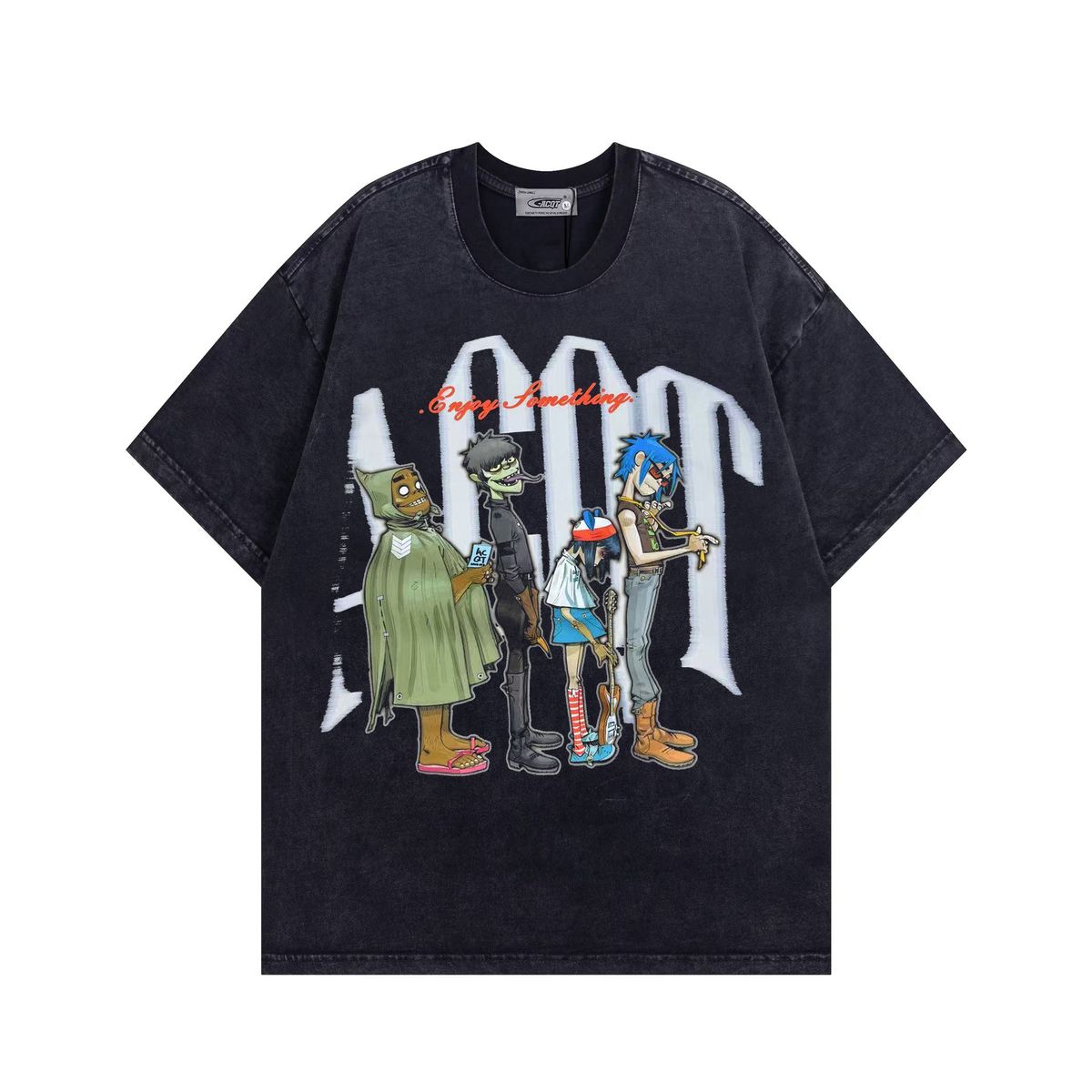 Men's Clothing Washed Old Hip Hop Fun Trend Cartoon Letter Print Loose T Shirt_viptrois.com