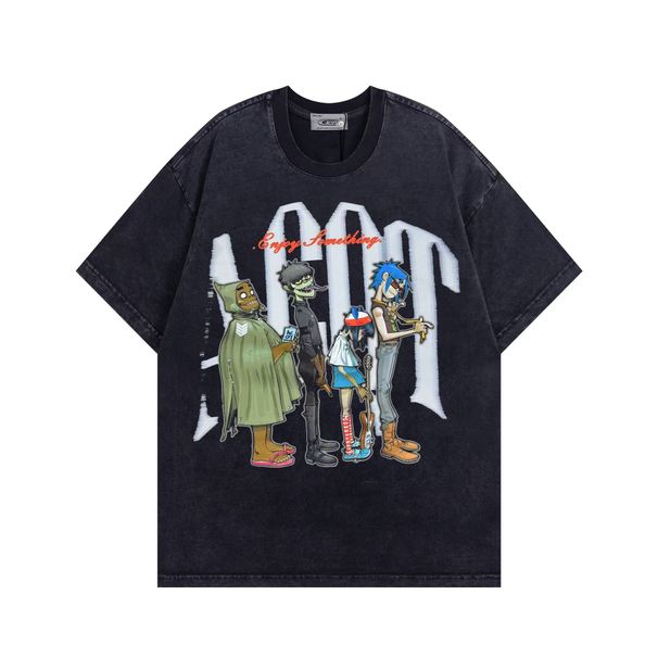Men's Clothing Washed Old Hip Hop Fun Trend Cartoon Letter Print Loose T Shirt_viptrois.com