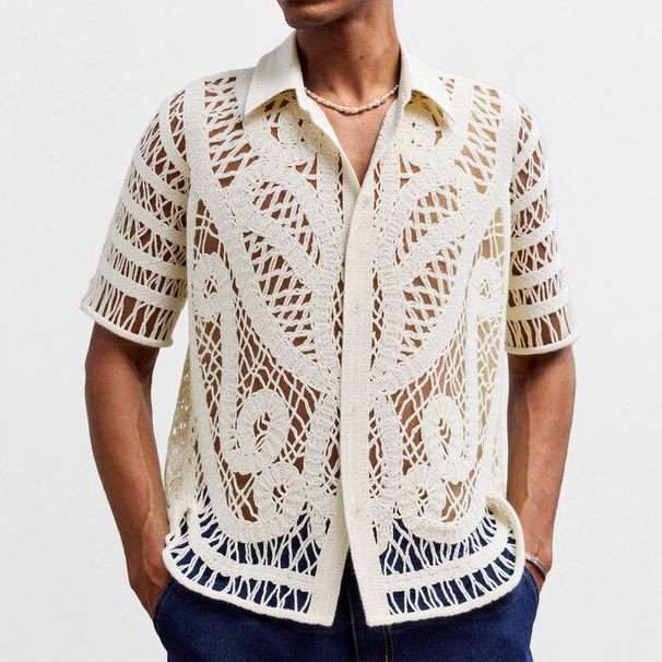 Men's Clothing European And American Sexy Men's Hollow Knit Sweater Short Sleeved Hand Crocheted Cardigan Polo Shirt_viptrois.com