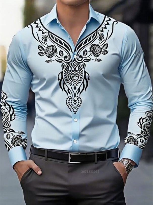 Camisa De Manga Larga Con Estampado Geométrico Retro Para Hombre, Transpirable Y Versátil Para Primavera Y Otoño_viptrois.com