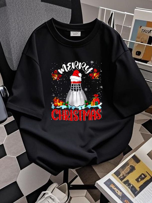 Merry Christmas Cool Badminton Wearing Santa Hat Badminton Player T-Shirt Stylish Unisex Soft Stretched Breathable Fashion Graphic Casual_viptrois.com