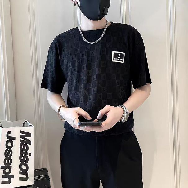Plaid T-shirt Men's Summer Ins Trendy Brand Short-sleeved 2024 New Men's Clothing Top Trendy Round Neck Half-sleeved T-shirt Handsome_viptrois.com