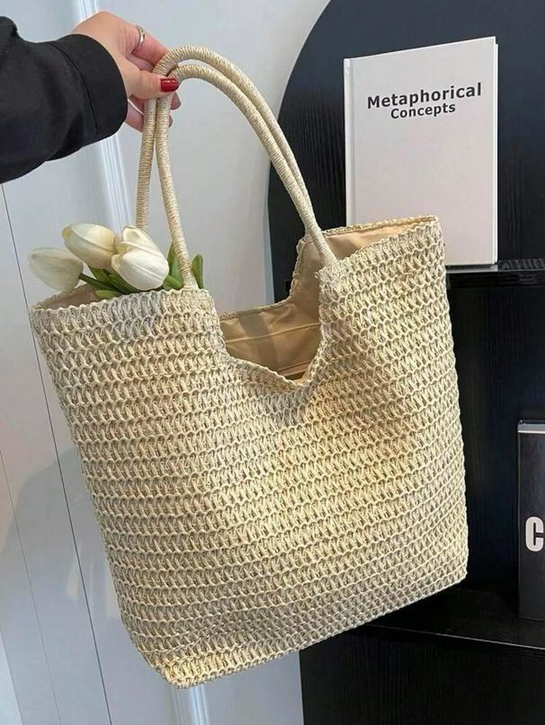 Women's Handle Bags Woven Straw Bag, Women's Large-capacity Single-shoulder Bag, Simple Commuting Beach Bag_viptrois.com