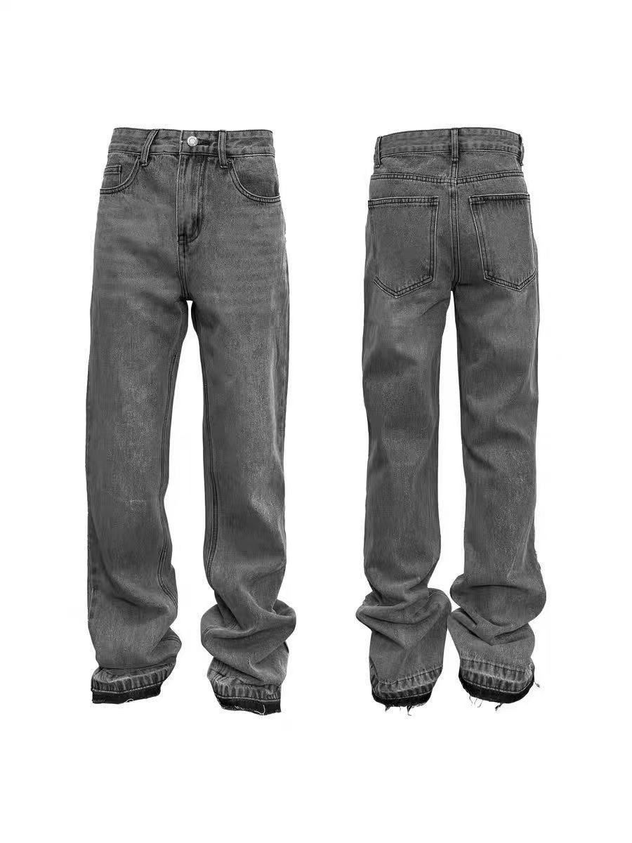 Men's Clothing Distressed Flared Jeans - Vintage Grey Cleanfit Denim With Frayed Hem, High Street Micro Bell Bottoms_viptrois.com