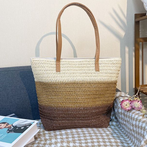 Women’s Bags New Fashion Hand Held Spot Three Color Stitching Paper Straw Woven Bag Straw Bag Beach Bag Seaside Holiday Bag_viptrois.com