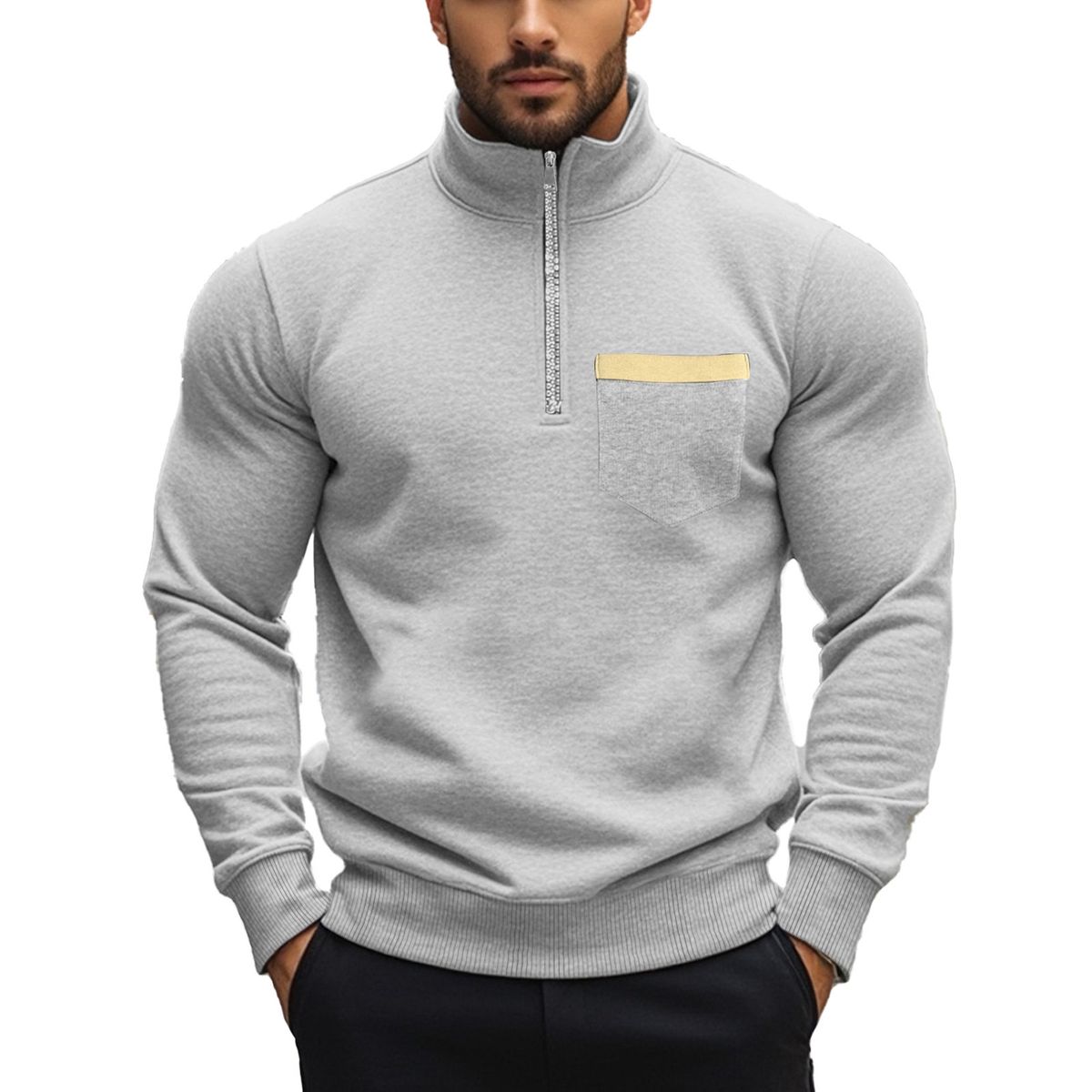 Autumn And Winter New Men's Sweatshirt Casual Zipper Stand Collar Plus Velvet Solid Color Men's Jacket_viptrois.com