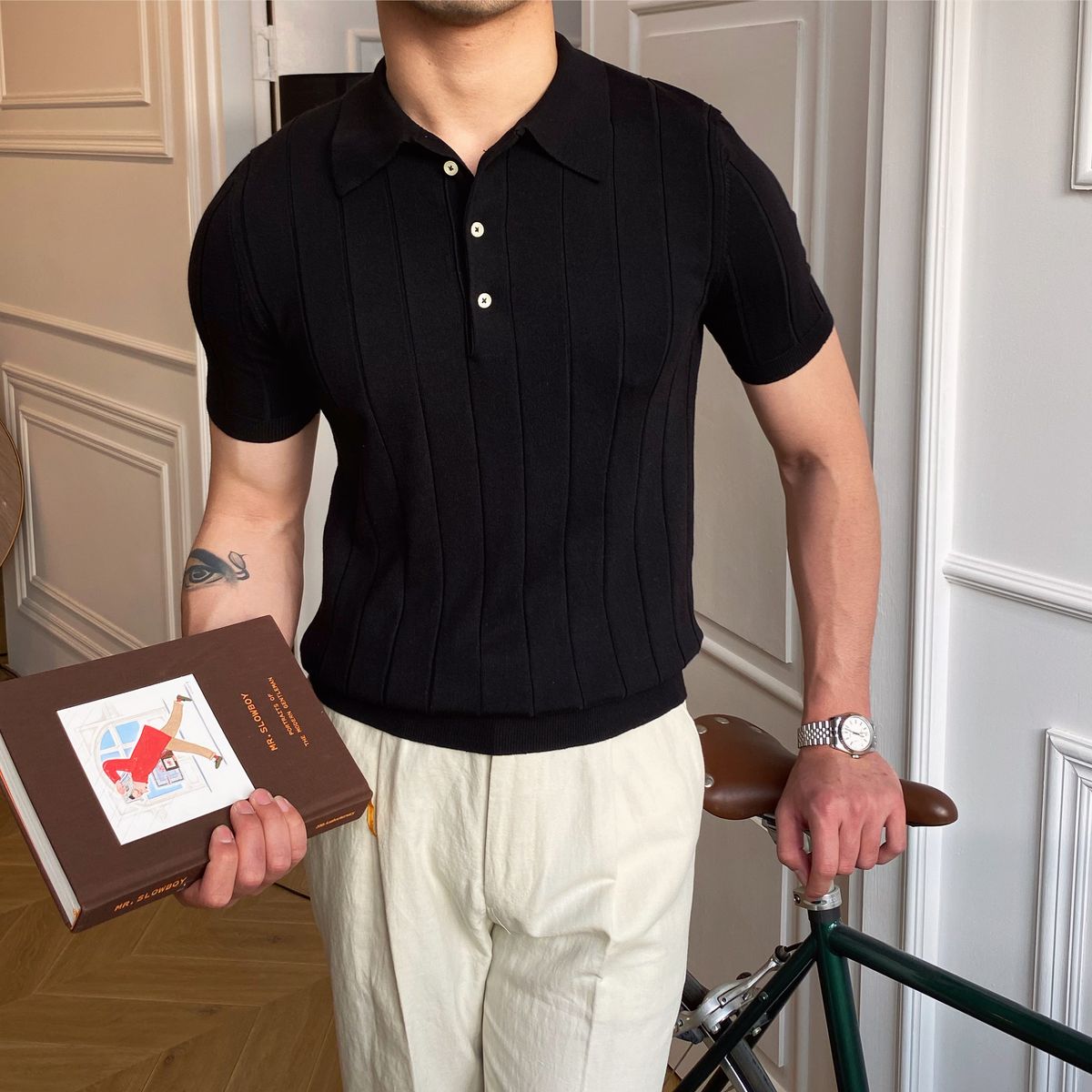 Men's Slim Fit Polo Shirt Summer Light Luxury Striped Lapel Short Sleeved Business Casual Handsome Knitted T-Shirt_viptrois.com