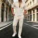 Men's Relaxed Fit Summer Two-Piece Set – Drop Shoulder V-Neck T-Shirt & Casual Pants – Breathable Loungewear & Streetwear_viptrois.com
