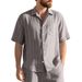 Men's Summer Linen Jacquard Shirt Vertical Stripe Collared Button Down Loose Breathable Casual Short Sleeved_viptrois.com