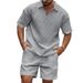 Men's Clothing Summer new men's casual fashion comfortable waffle solid color lapel shirt sports suit_viptrois.com