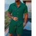 Men's Green Vertical Striped Casual Suit Versatile Breathable Vacation Style Shirt Shorts Set New_viptrois.com