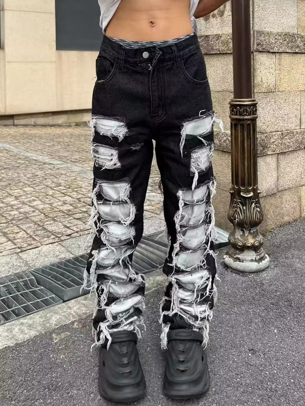 Men's Clothing Corroded Split Patch Jeans Men's High Street Loose Straight Beggar Trousers_viptrois.com