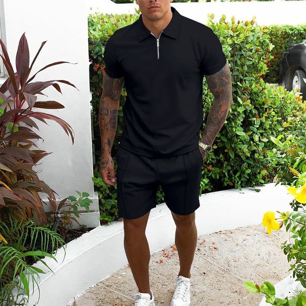Men's Clothing Short Sleeved Suit Stand Up Collar Zipper Design Fashion Casual Shorts Two Piece Suit Solid Color_viptrois.com