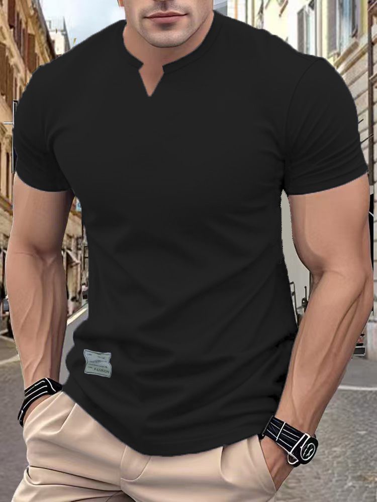 Men's Clothing Summer Trend Solid Color Round V Neck Slim Short Sleeved Stretch T Shirt, Men's Sports_viptrois.com
