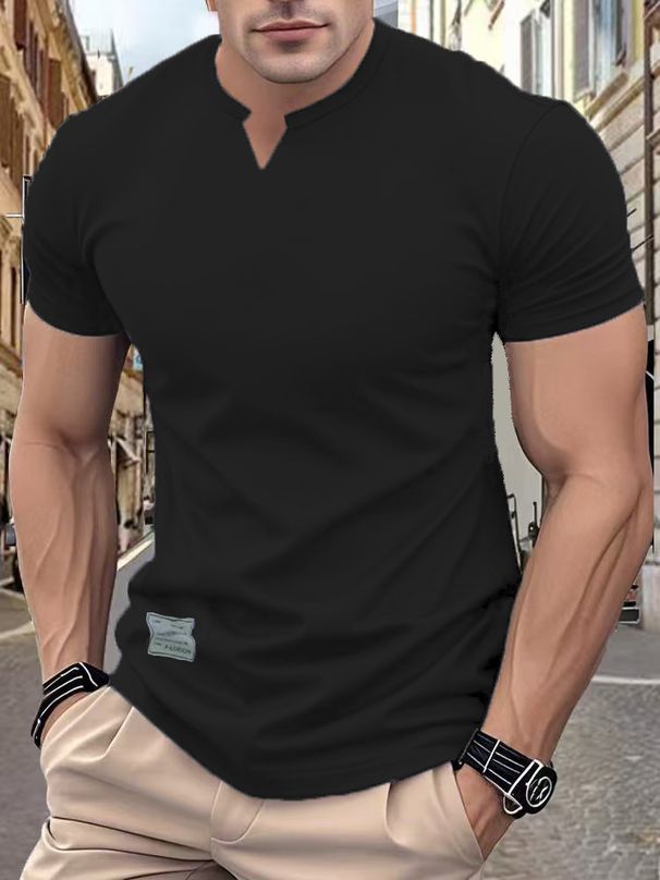 Men's Clothing Summer Trend Solid Color Round V Neck Slim Short Sleeved Stretch T Shirt, Men's Sports_viptrois.com