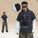 Trendy Hip-hop Washed Vintage Print Patchwork Long-sleeve T-shirt Men Women, High Street Fashion For Spring And_viptrois.com