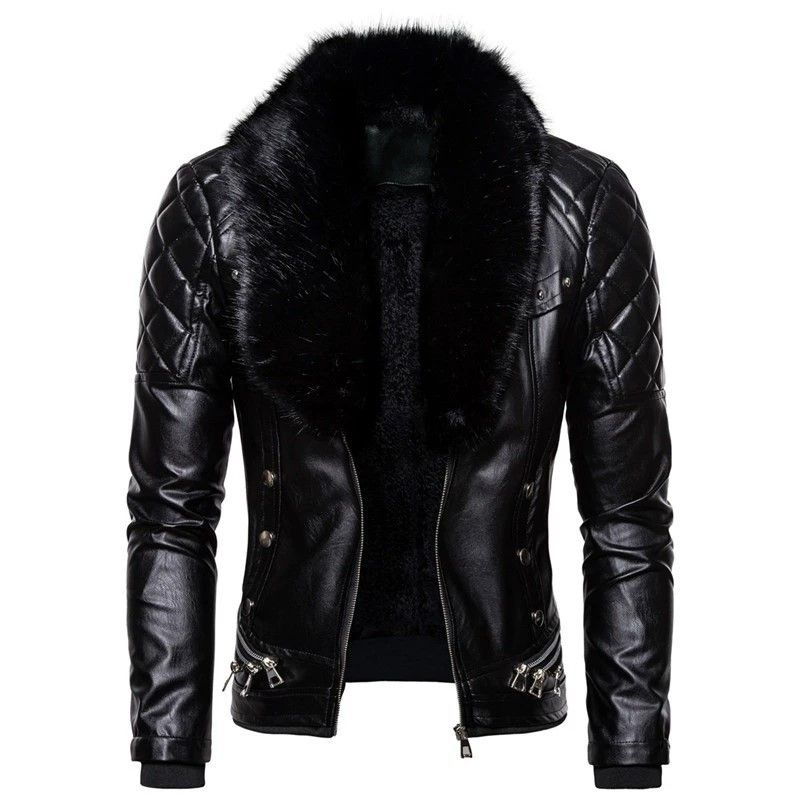 Men's clothing punk detachable fur collar rivets pressed cotton thick windproof motorcycle leather jacket_viptrois.com