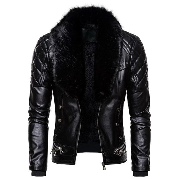 Men's clothing punk detachable fur collar rivets pressed cotton thick windproof motorcycle leather jacket_viptrois.com