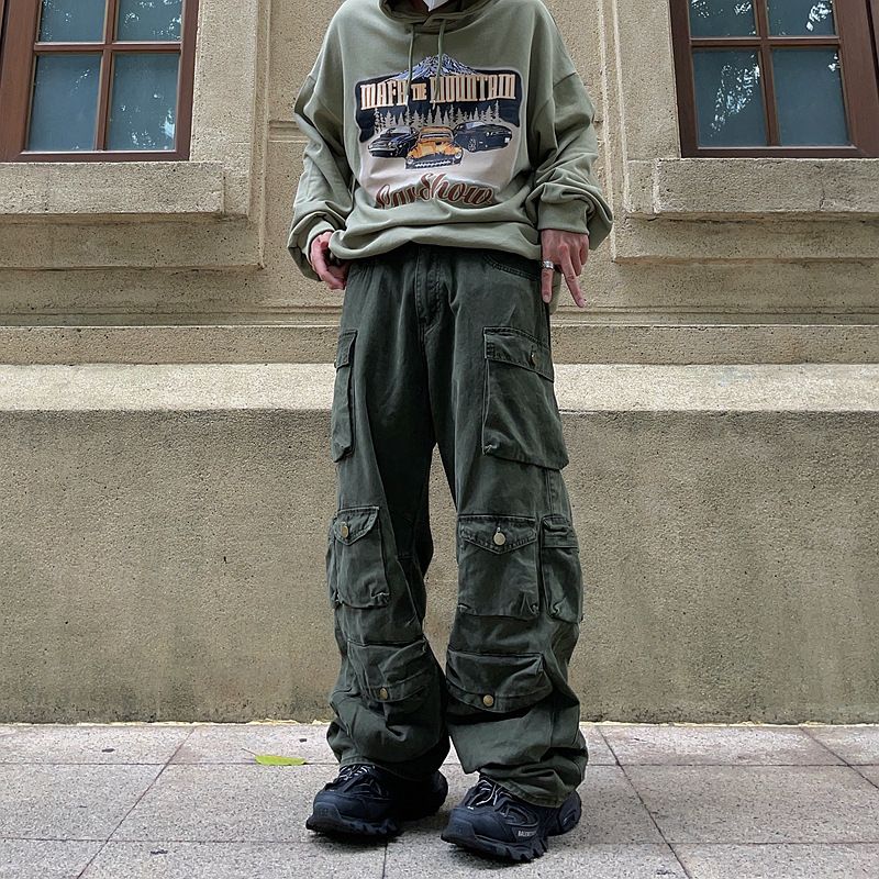 Men's Retro Fashion Casual Trousers Loose Straight Wide Leg Overalls Multi Pocket_viptrois.com