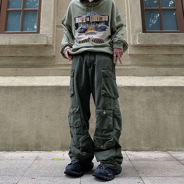 Men's Retro Fashion Casual Trousers Loose Straight Wide Leg Overalls Multi Pocket_viptrois.com
