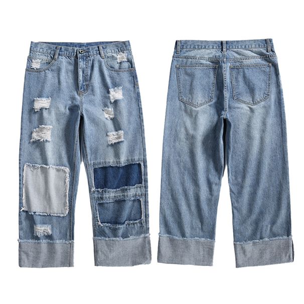 Trendy Brand Perforated Men's Jeans Loose And Straight Sleeves, Made Of Old Stickers, Beggars' Pants With Hip-Hop Edges_viptrois.com