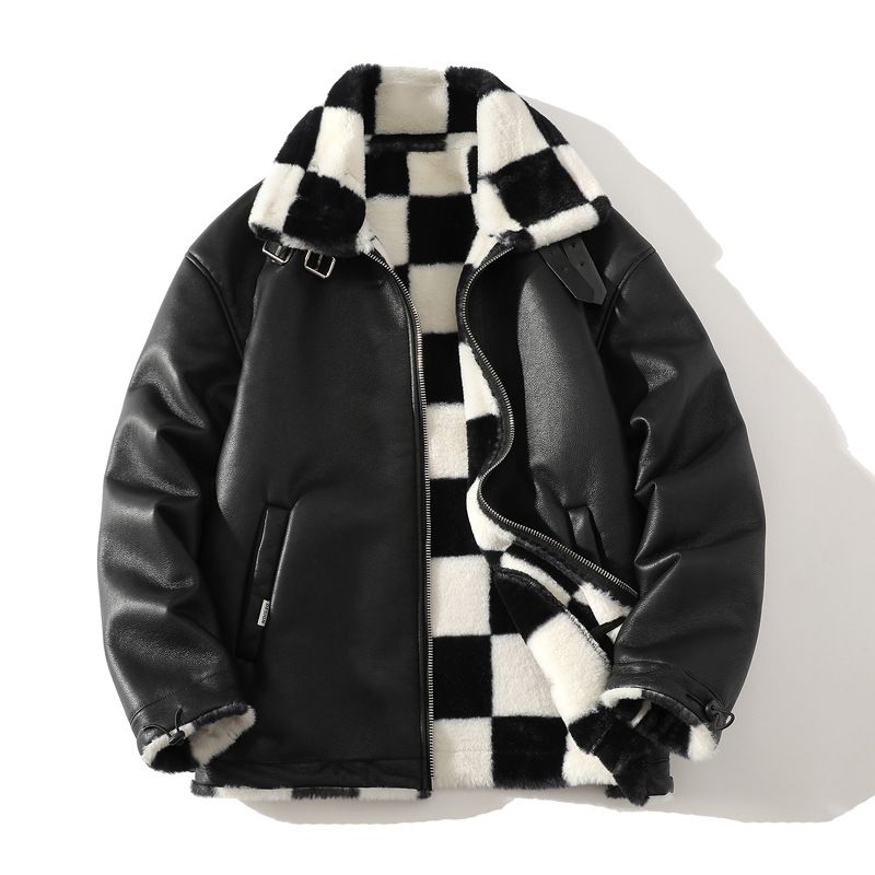 Men's Fashion Color-Block Faux Shearling Jacket, Heavyweight Fleece-Lined Winter Coat With Contrast Panels (Sizes M-5XL, Black)_viptrois.com
