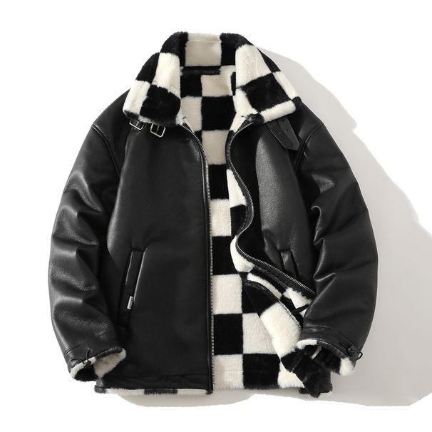 Men's Fashion Color-Block Faux Shearling Jacket, Heavyweight Fleece-Lined Winter Coat With Contrast Panels (Sizes M-5XL, Black)_viptrois.com
