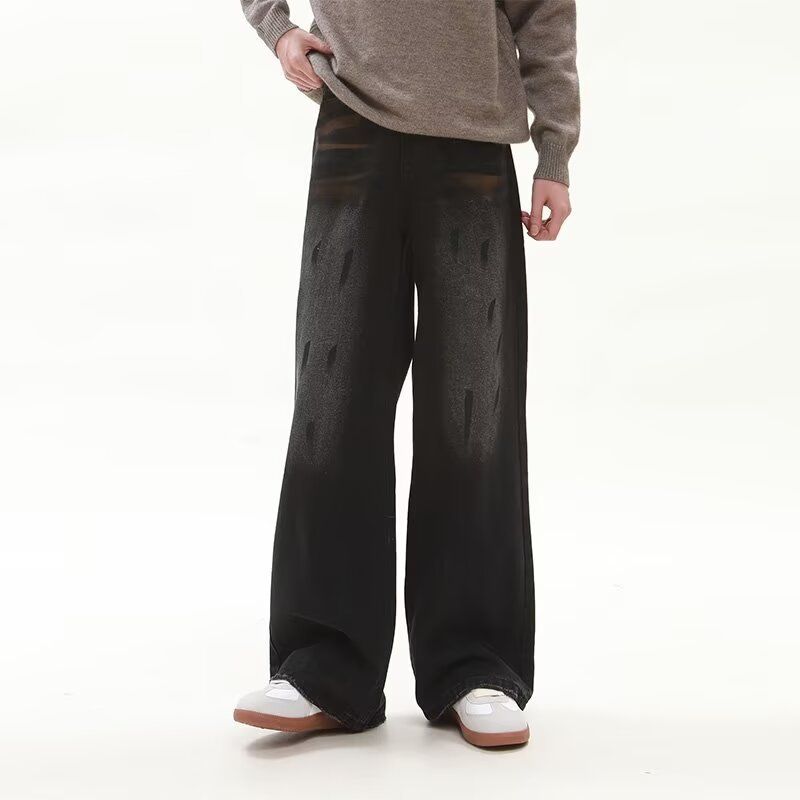 Men's Clothing Retro Dirty Wash Old Lazy Loose Jeans High Street Vibe Loose Wide Leg Pants Mopping Trousers_viptrois.com