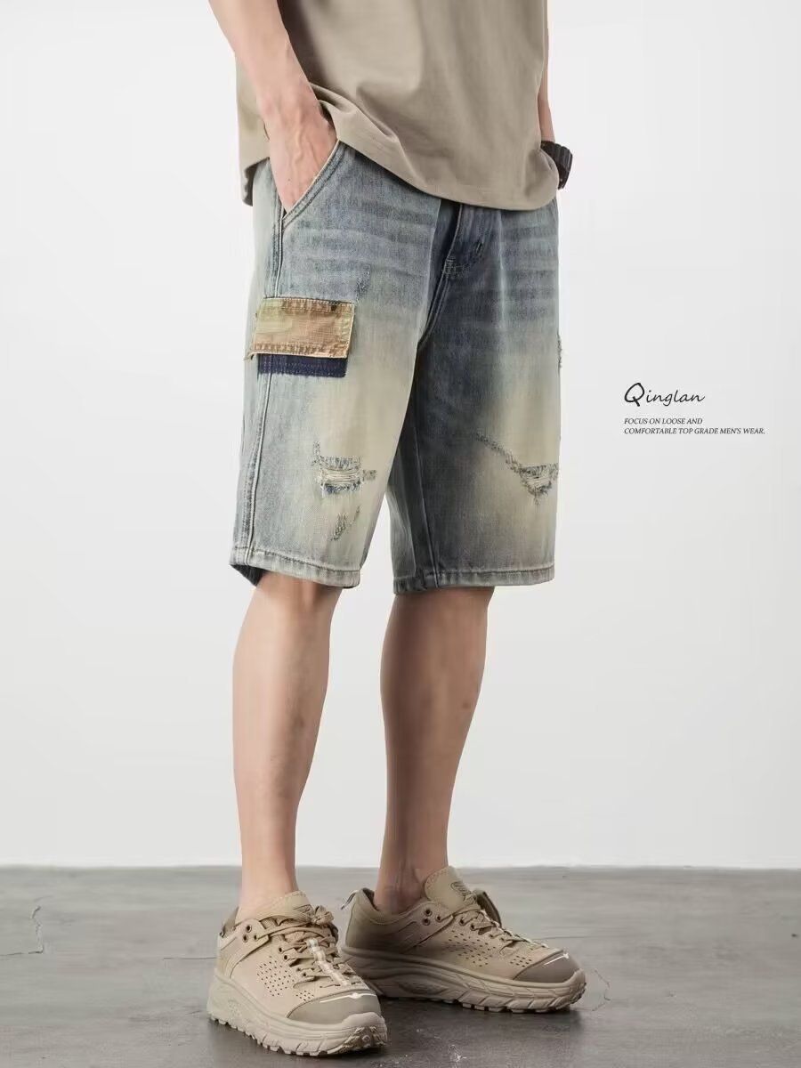 Cowboy Shorts Men's American Workwear Casual Five Pot Mid Length Pants Trendy Brand Loose Straight Tube 2024 Summer_viptrois.com