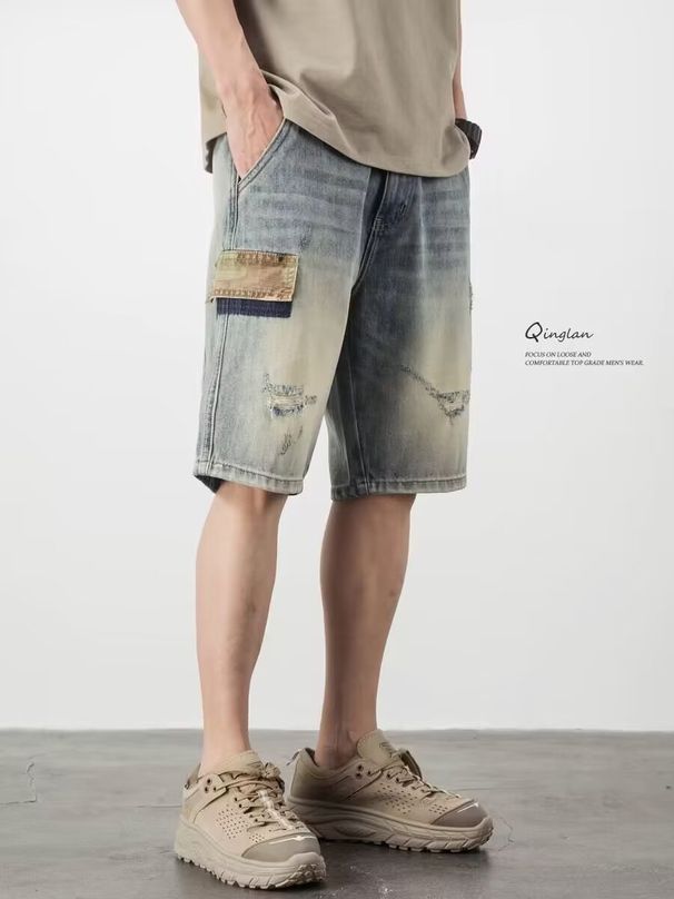 Cowboy Shorts Men's American Workwear Casual Five Pot Mid Length Pants Trendy Brand Loose Straight Tube 2024 Summer_viptrois.com