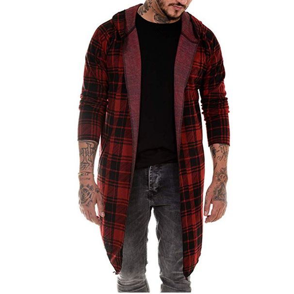 Mid To Long Minimalist Trench Coat, Casual Hoodie, Spring And Autumn Fashionable Loose Plaid Jacket, Men's Cloak_viptrois.com