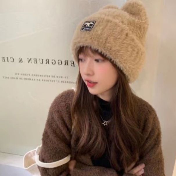 Autumn Winter Mink Warmth Showcase Small Fashionable Baotou Woolen Sweet and Cute Little Bear Plush Knitted Hat Children_viptrois.com