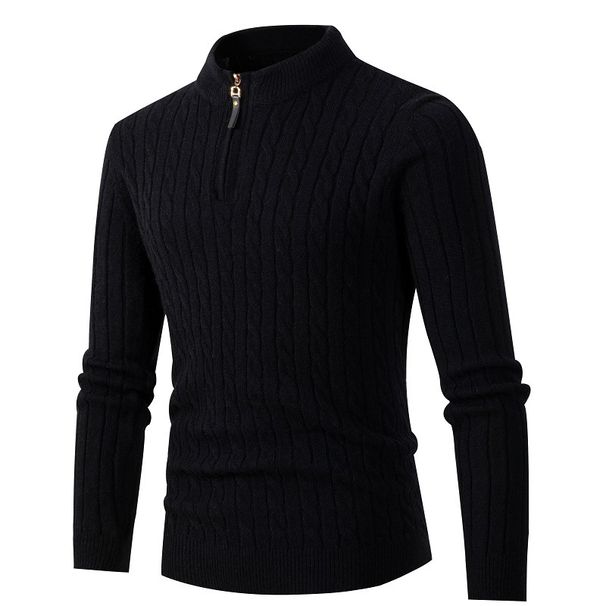 Men’s Half-Zip Cable Knit Sweater – Winter Warm Stand Collar Pullover (Grey/Black/Khaki/Army Green/Blue)_viptrois.com
