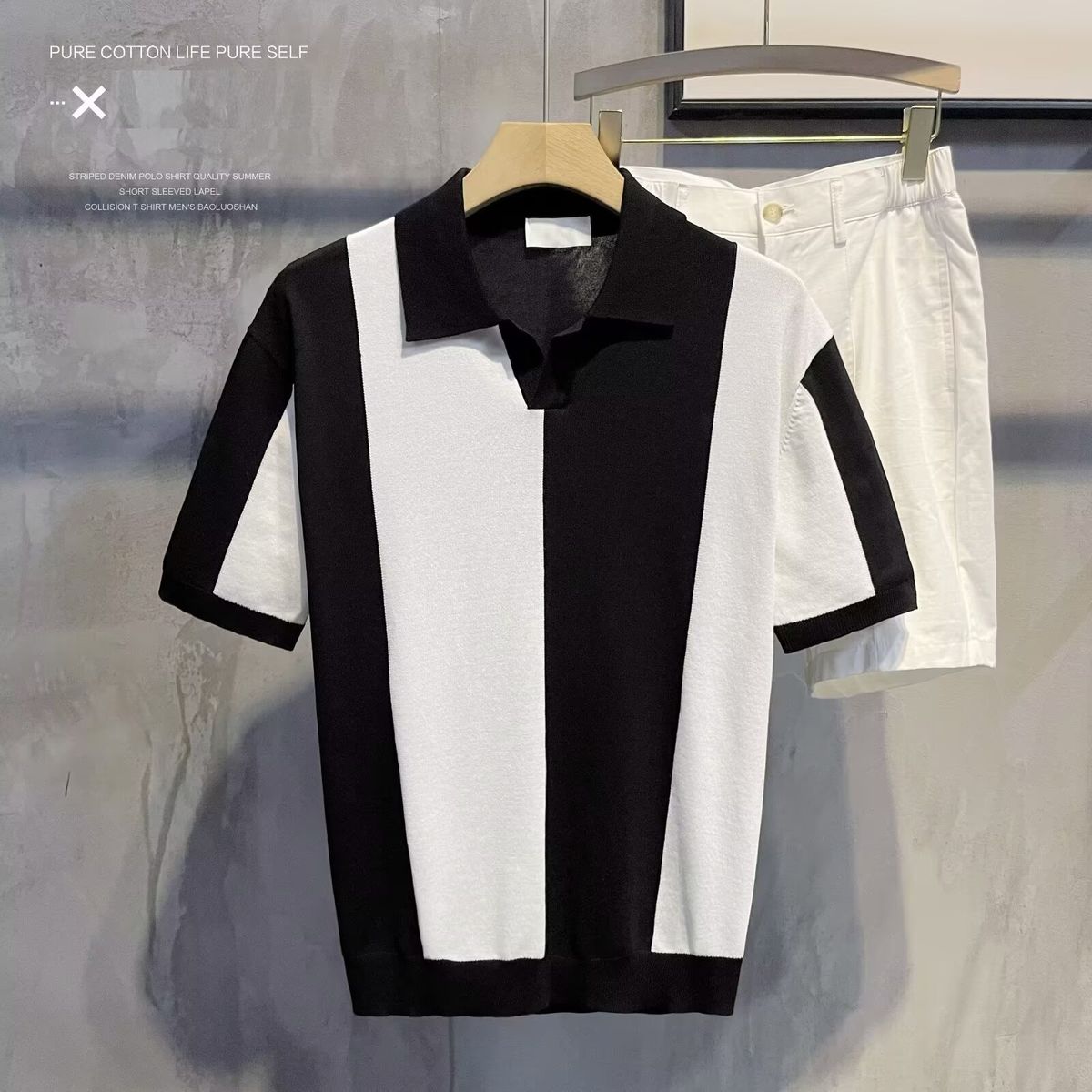 Men's Clothing Loose Short Sleeved Gradient Color Polo Shirt Casual Striped Contrast Lapel Breathable Knitted Top_viptrois.com
