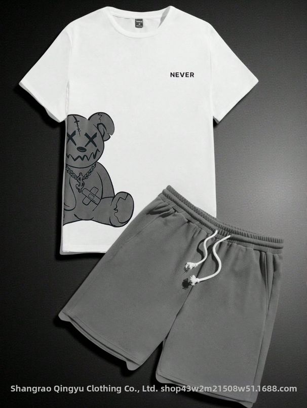 Men's American Style Trendy Cartoon Print Summer Sportswear Set Short Sleeved Casual Two Piece Street Style Couple Outfit_viptrois.com