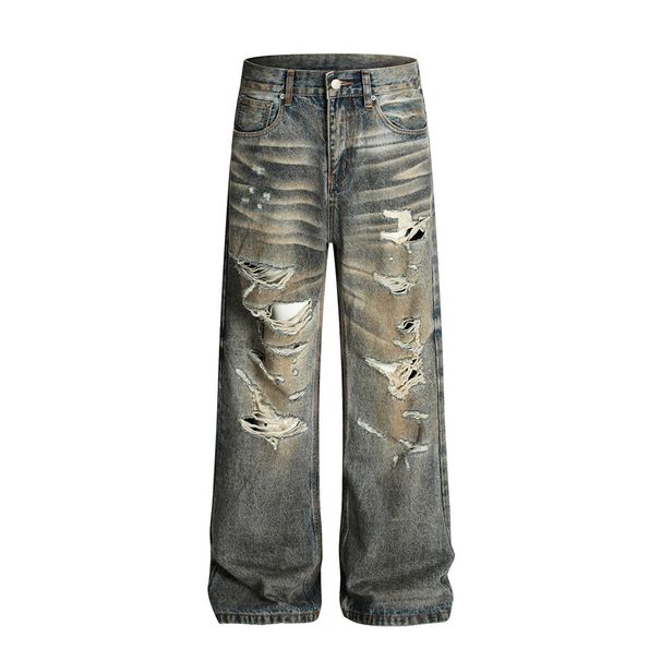 Post-Apocalyptic Heavy-Duty Distressed Dirty Jeans Trendy Men's Punk Ripped Pants Vintage Washed Loose Straight-Leg_viptrois.com