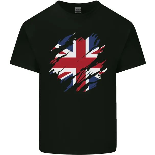 Torn British Flag Union Jack Britain Mens Cotton T-Shirt Mens Womens Tees Top Tee Top_viptrois.com