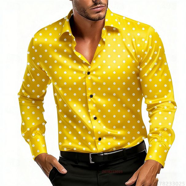 Camisa De Hombre - Camisa De Manga Larga Con Estampado De Lunares, Corte Entallado, Cuello Clásico, Estilo Casual De Negocios, Moderna Y Elegante_viptrois.com