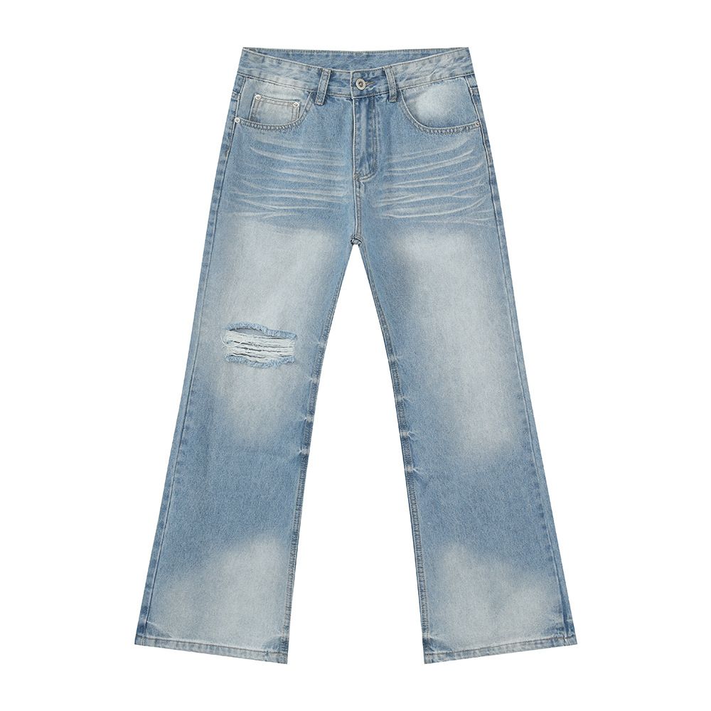 Men's Clothing Korean Style Fashionable Ripped Distressed Whitened Casual All Match Flared Washed Denim Trousers_viptrois.com