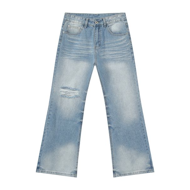 Men's Clothing Korean Style Fashionable Ripped Distressed Whitened Casual All Match Flared Washed Denim Trousers_viptrois.com