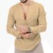 Men's Clothing men's spring and summer large size casual tropical cotton and linen deep v neck solid color large size long sleeved T shirt shirt_viptrois.com