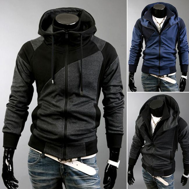 Men's Clothing Autumn and Winter New Men's Personality Colorblock Double Zipper Hooded Cardigan Slim Sweater 702_viptrois.com
