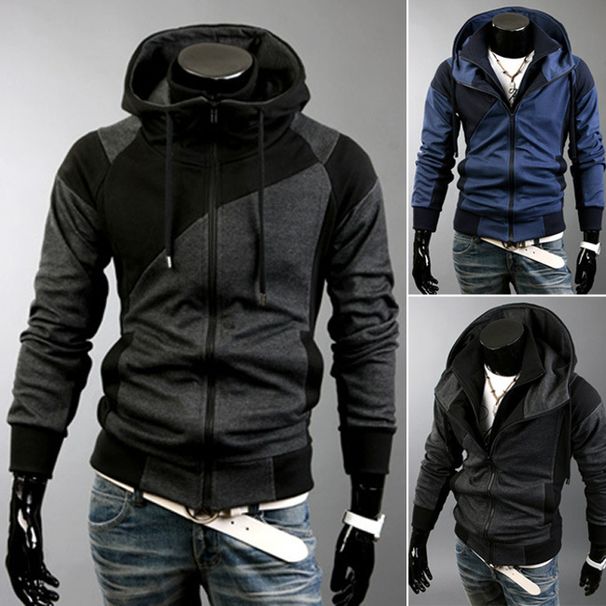 Men's Clothing Autumn and Winter New Men's Personality Colorblock Double Zipper Hooded Cardigan Slim Sweater 702_viptrois.com