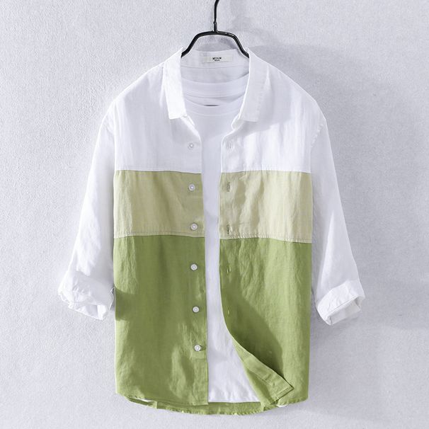 Men's Linen Casual Color Blocked Seven Quarter Sleeve Shirt, Quality Cotton Linen Loose Splicing Cotton Linen Trendy Men's Shirt_viptrois.com