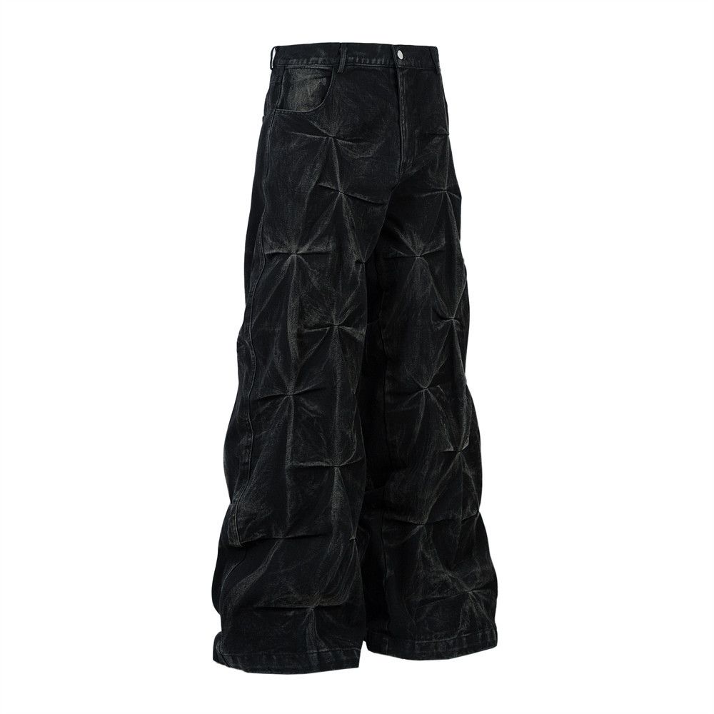 Heavy-duty Pleated Design Tie-dye Jeans For Men Hip-hop Trendy Punk Vintage Washed Loose Wide-leg Pants_viptrois.com