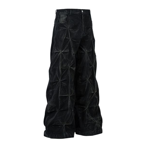 Heavy-duty Pleated Design Tie-dye Jeans For Men Hip-hop Trendy Punk Vintage Washed Loose Wide-leg Pants_viptrois.com