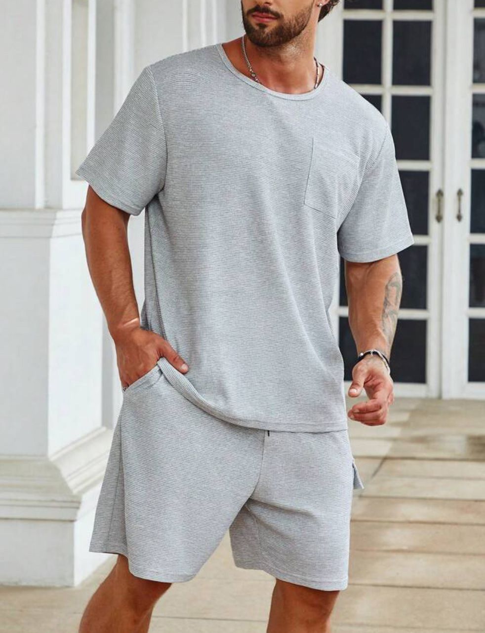 Men's Clothing Sports Solid Color Round Neck T Shirt Shorts Men's Summer Suit_viptrois.com